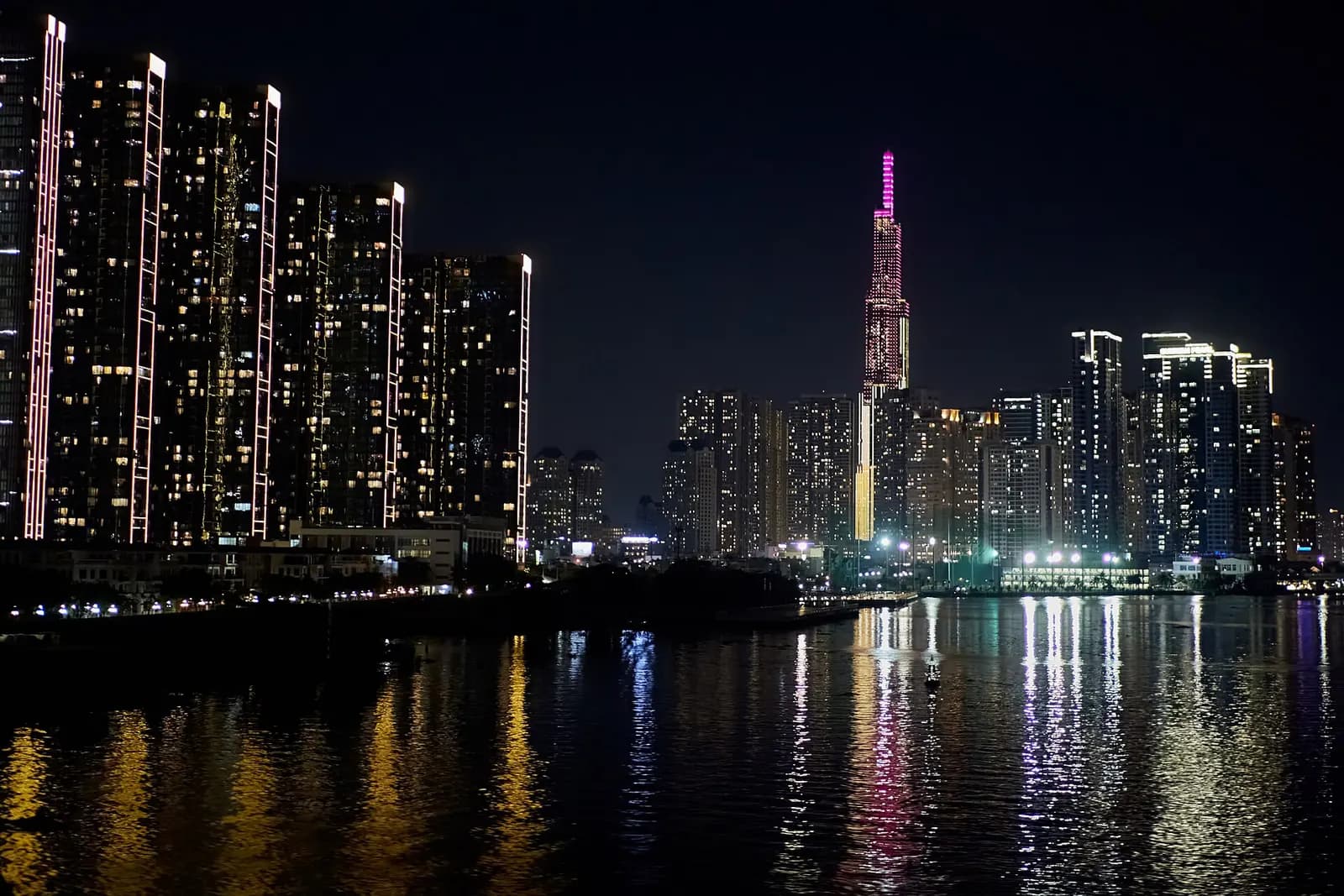 Ho Chi Minh City at night, the Saigon River in front